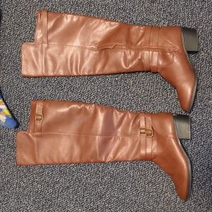 Brown faux leather knee high boots